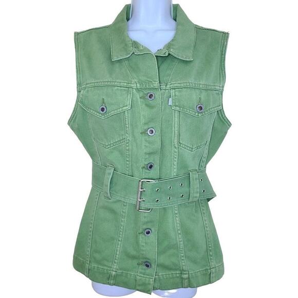 Levi's Women Jackets, 90's Vintage Silver Tab Olive Green Denim Belted Vest, M - Picture 1 of 8